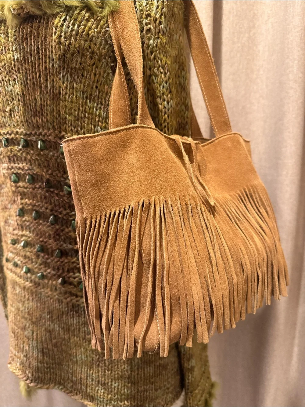 Vintage The Limited Suede Fringe Shoulder Bag Tan Camel Boho Western Tote
